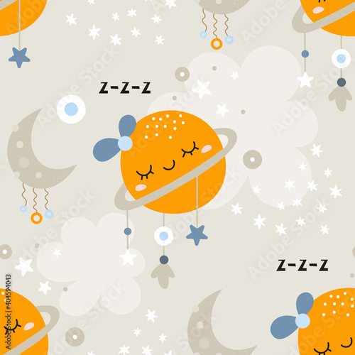 Seamless pattern in boho style with sleeping planet on night sky. Vector kids illustration for nursery design. Bohemian fabric design for baby clothes, wrapping paper.