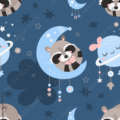 Fototapeta Naklejka Na Ścianę i Meble -  Seamless pattern with boho raccoon sleeping on moon, planets, outer space, stars in bohemian style. Vector kids illustration for nursery design. Raccoon boho pattern for baby clothes, wrapping paper.