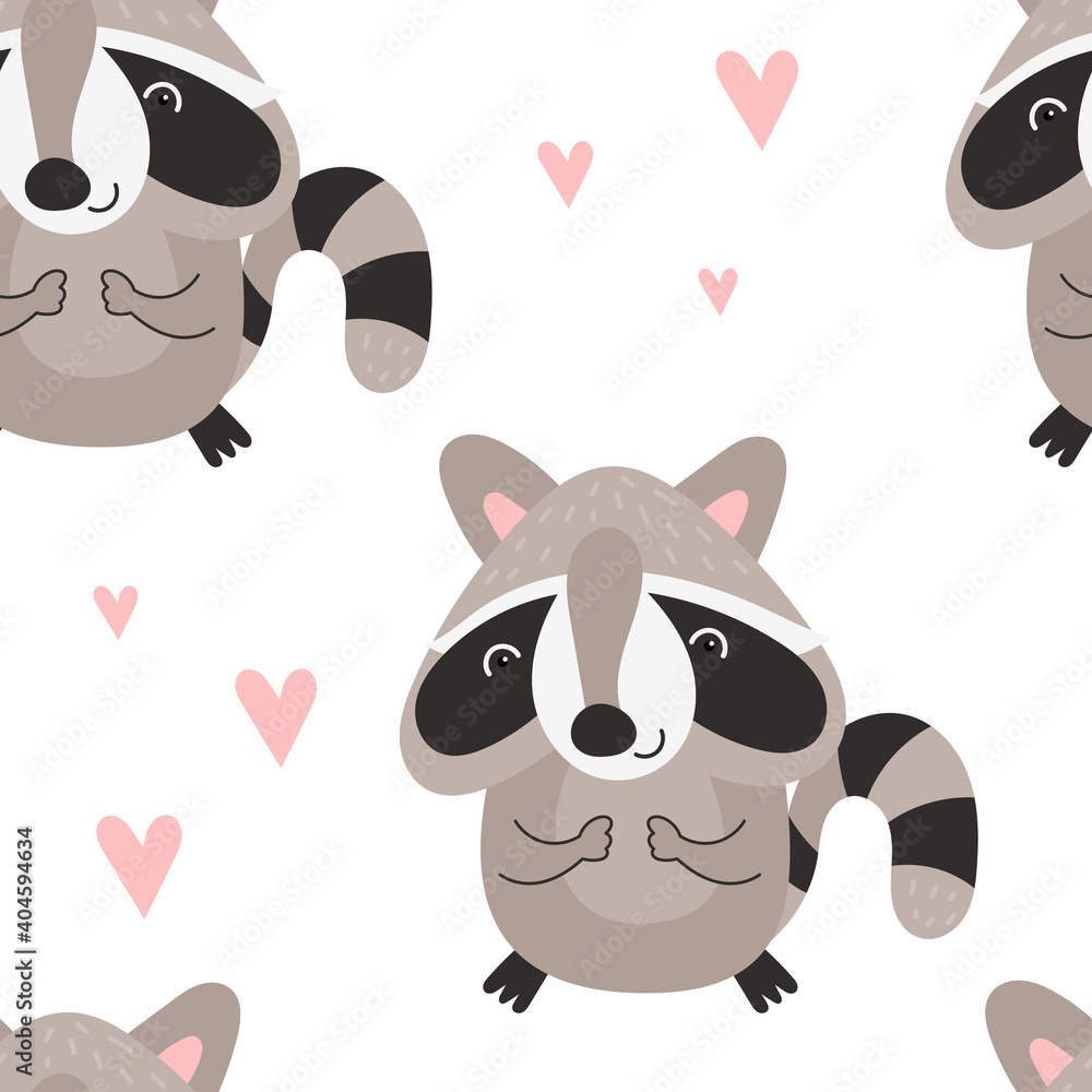 Seamless pattern with hand drawn cute raccoon and hearts in bohemian style. Vector kids illustration for nursery design. Racoon boho fabric for baby clothes, wrapping paper. Seamless pattern with hand drawn cute raccoon and hearts in bohemian style. Vector kids illustration for nursery design. Racoon boho fabric for baby clothes, wrapping paper.