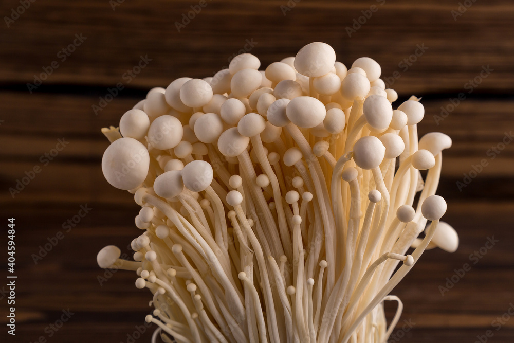 Fresh Enoki mushrooms on black background with selected focus.Enoki, also known as velvet shank, is a species of edible mushroom in the family Physalacriaceae. Fresh Enoki mushrooms on black background with selected focus.Enoki, also known as velvet shank, is a species of edible mushroom in the family Physalacriaceae.