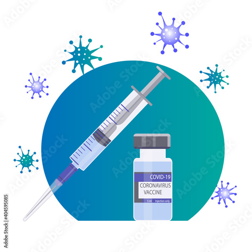 The only effective coronavirus vaccine. Glass ampoule with medicine and syringe. Timely vaccination against Covid-19. Protection against viruses and disease. Health care concept. Vector illustration.