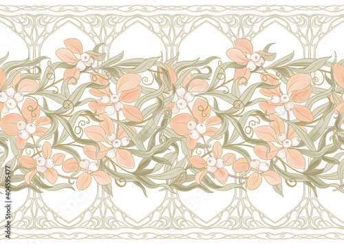 Floral Seamless pattern, background In art nouveau style, vintage, old, retro style. Colored vector illustration Isolated on white background..
