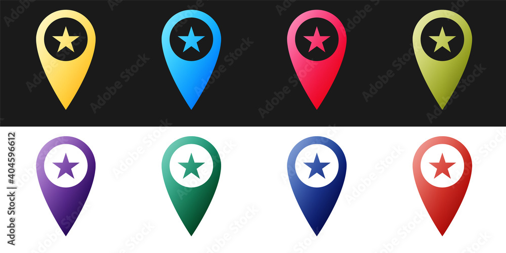 Set Map pointer with star icon isolated on black and white background. Star favorite pin map icon. Map markers. Vector. Set Map pointer with star icon isolated on black and white background. Star favorite pin map icon. Map markers. Vector.
