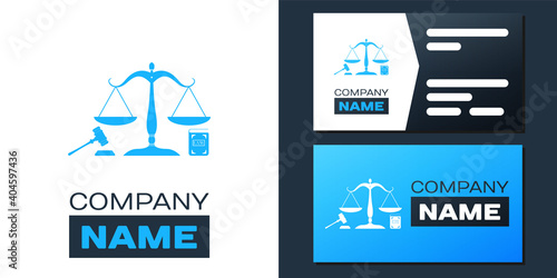 Logotype Scales of justice, gavel and book icon isolated on white background. Symbol of law and justice. Concept law. Legal law and auction symbol. Logo design template element. Vector.