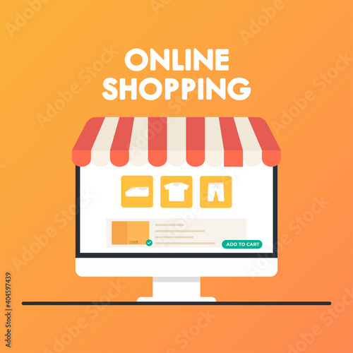 Shopping online poster. wallpaper. free space for text. copy space. shopping online on computer.