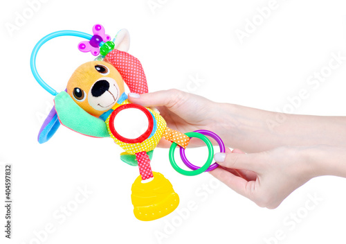 Toy rattle dog in hand on white background isolation