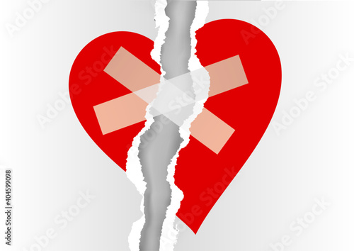 Fragile love,Red broken heart glued scotch tape.
Illustration of red torn paper haeart. Vector available.