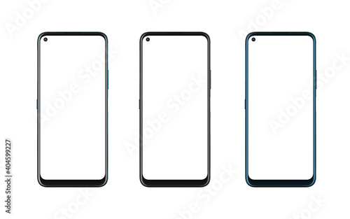Phone mockup in three colors. Isolated display and background in white. Modern phone with round edges and camera built into the display
