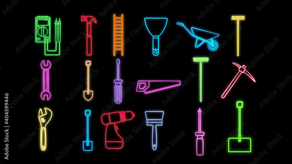 Fototapeta premium Set of bright glowing multicolored construction industrial neon signs for shop workshop service center beautiful shiny with items icons of repair tools on black background. illustration