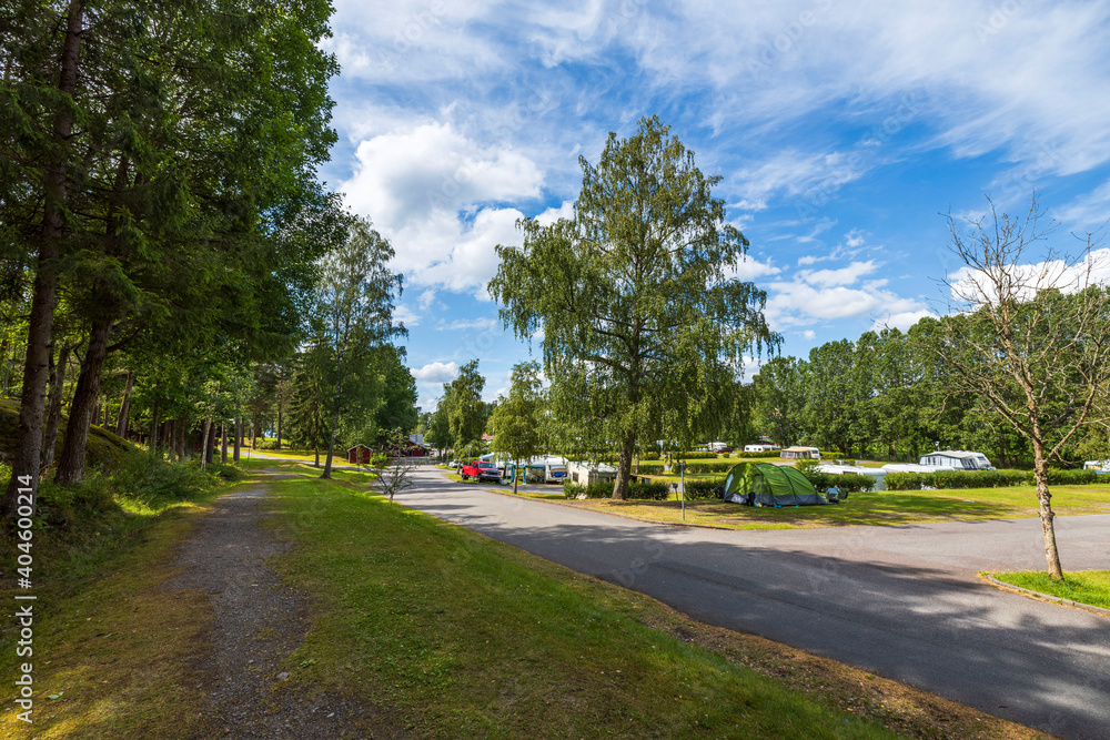 Beautiful landscape view of camping place on beautiful summer day. Aby. Sweden.