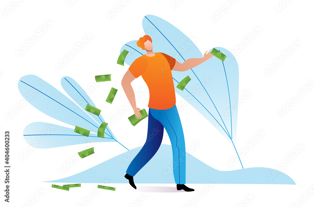 Ταπετσαρία Rich character man cheerful wasteful lifestyle, wealthy person throw cash money flat vector illustration, isolated on white
