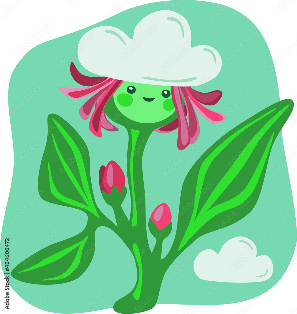 Cute vector illustration with green plant character with a cloud, a calming medical herb that helps in health care during naturopathic treatment of stress relief. Symbol of natural medicine. Cute vector illustration with green plant character with a cloud, a calming medical herb that helps in health care during naturopathic treatment of stress relief. Symbol of natural medicine.
