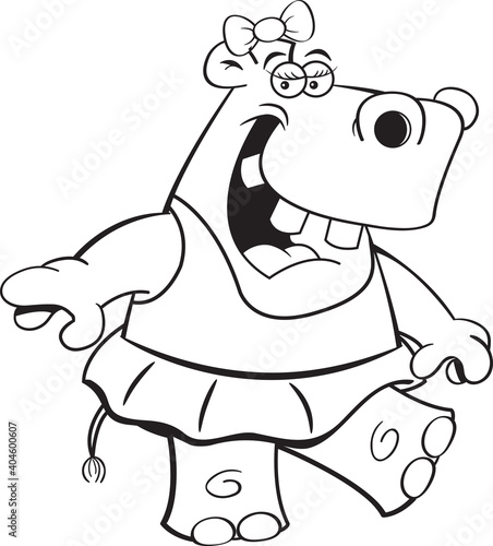 Black and white illustration of a happy hippopotamus wearing a ballet tutu while dancing.