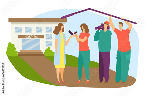 Reporter woman character news channel interview doctor opening hospital building flat vector illustration, isolated on white. Concept newsman team together conversation, modern modern clinic.