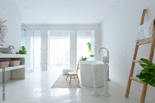 Extra white and very light minimalistic stylish elegant interior of bathroom with modern bath, green plants and wooden elements