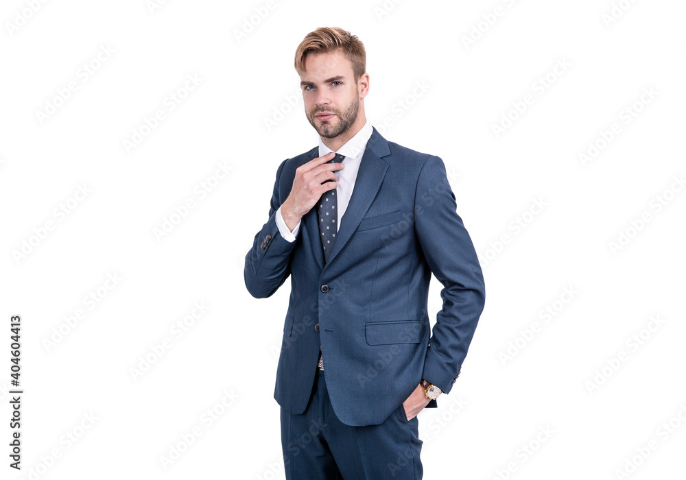 Office worker fix necktie wearing elegant suit in formal fashion style isolated on white, workwear Office worker fix necktie wearing elegant suit in formal fashion style isolated on white, workwear