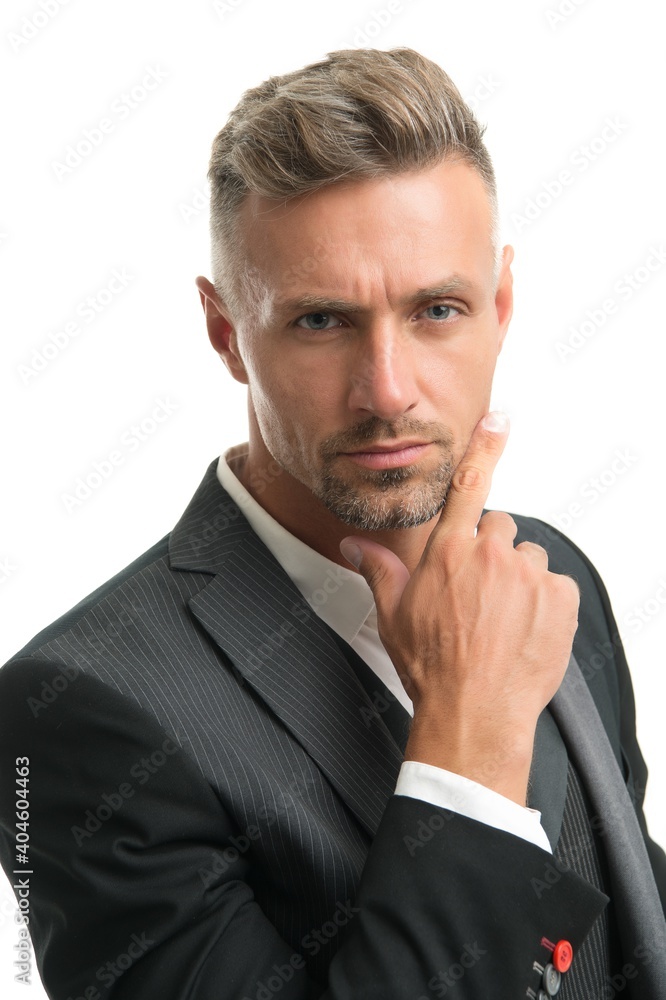 Bearded mature man touch unshaven chin beard hair in formal fashion style isolated on white, barber Bearded mature man touch unshaven chin beard hair in formal fashion style isolated on white, barber