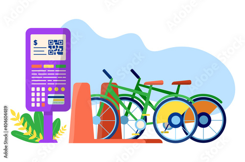 City transport bicycle station, modern urban rent bike, mobile phone application for lease flat vector illustration, isolated on white. Concept comfortable smartphone app, parking location.