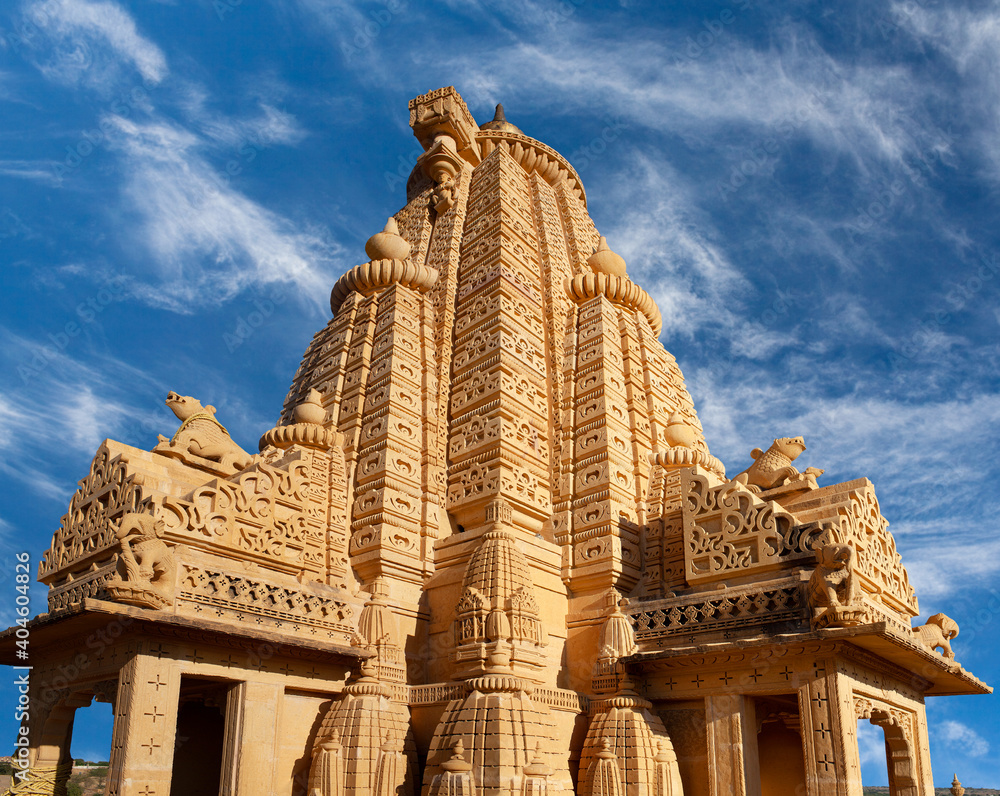 Exterior of ancient Amar Sagar Jain Temple near Jaisalmer, Rajasthan, India. 12th century