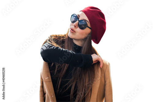 Young beautiful woman with long brown hair wearing red barret hat in sunglasses isolated on white background. Fashionable sexy girl. Street fashion look. Cute student. blank. template.