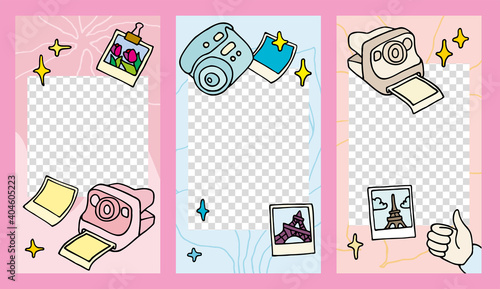 Cute editable template for social networks stories, vector illustration. Design backgrounds for social media in colored doodle style. With drawn pictures and cameras
