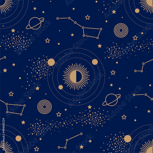 Seamless pattern with night sky map. Gold planets around the sun among stars and constellations on a dark blue background. Retro style texture for wrapping paper, fabric and textile.