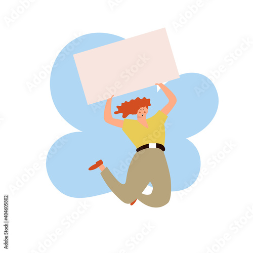 Protester woman holding empty banner. Activist protesting, political meeting, strike human female rights. Vector illustration isolated.
