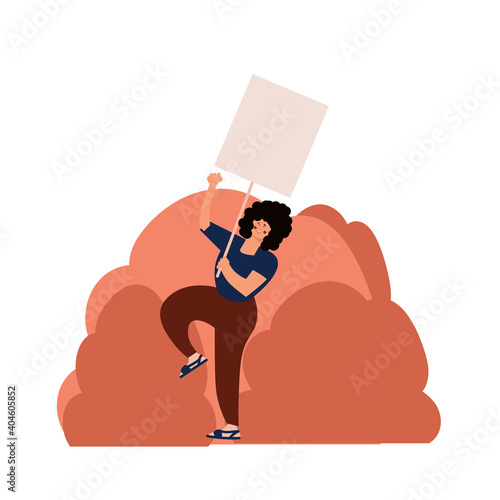 Protester woman holding empty banner. Activist protesting, political meeting, strike human female rights. Vector illustration isolated.