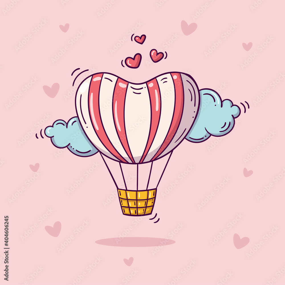 Heard shaped air balloon in sky with clouds and red hearts in doodle style Heard shaped air balloon in sky with clouds and red hearts in doodle style