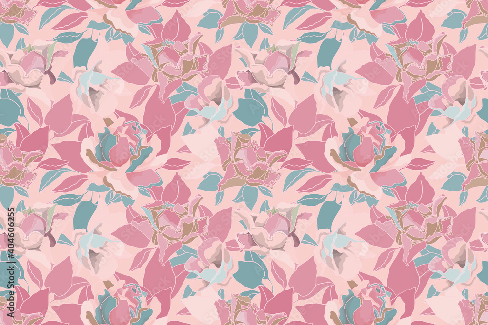 Vector floral pastel seamless pattern. Pink, turquoise roses and leaves isolated on a pale pink background. For decorative design of any surfaces.