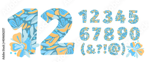 Vector flower numbers from 0 to 9. Botanical character  figure. Yellow  blue color flowers in the shape of a bold number. Garden flowers with branches and leaves.