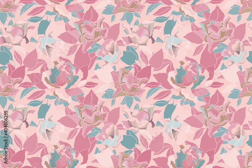 Vector floral pastel seamless pattern. Pink  turquoise roses and leaves isolated on a pale pink background. For decorative design of any surfaces.