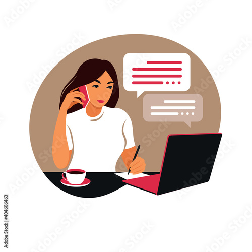 A woman works on a laptop computer and talks on the phone sitting at a table at home with a Cup of coffee and papers. Vector illustration. Flat.