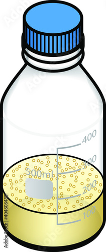 A 500ml laboratory storage bottle containing a milky bubbling solution.