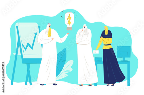 Arabic muslim businessman character presents business project, creative idea, successful start up flat vector illustration, isolated on white. People together standing brainstorming commercial plan.