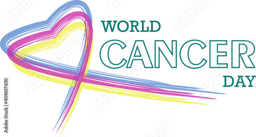 Color ribbon symbol with the inscription of World Cancer Day, a visual design moment to remember the human concern for the potential cancer in his body