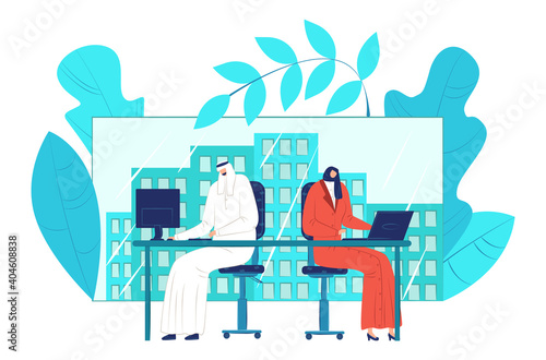 Arabic muslim businessman, businesswoman sitting office workplace, business work laptop job flat vector illustration, isolated on white. People together brainstorming company activity, city panorama.