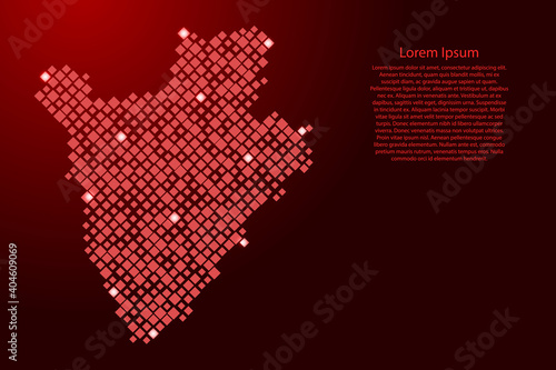 Burundi map from red pattern rhombuses of different sizes and glowing space stars grid. Vector illustration.