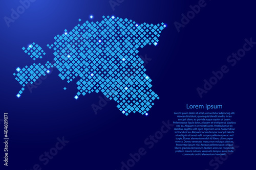 Estonia map from blue pattern rhombuses of different sizes and glowing space stars grid. Vector illustration.