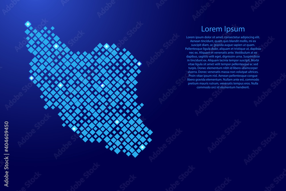Iran map from blue pattern rhombuses of different sizes and glowing space stars grid. Vector illustration.