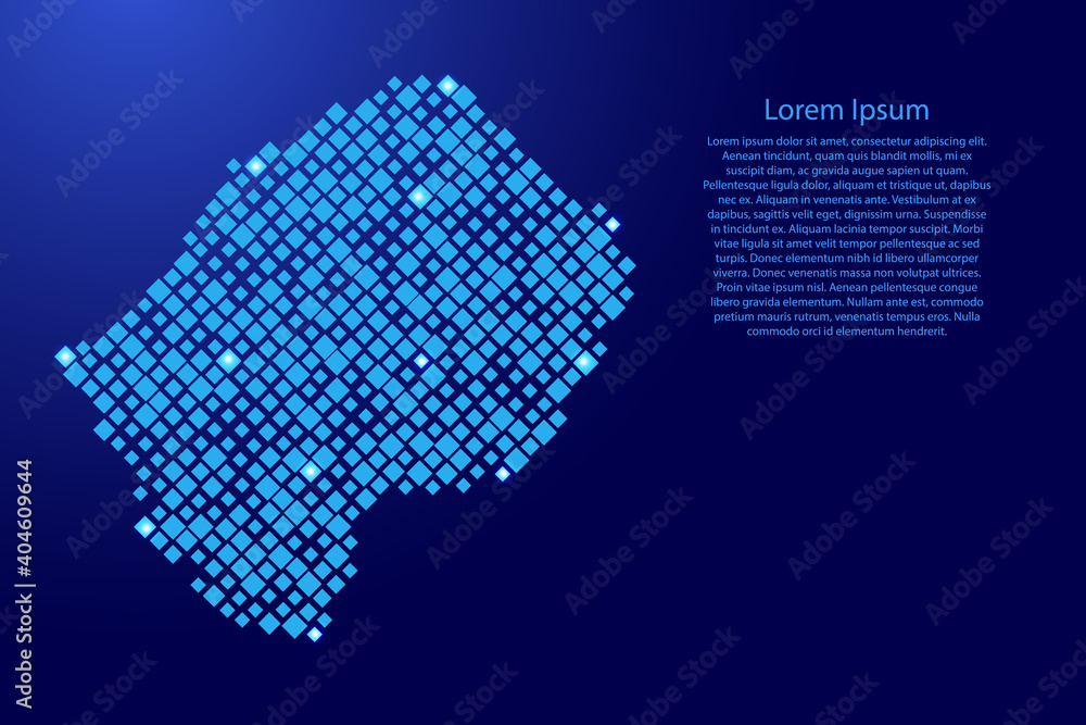 Lesotho map from blue pattern rhombuses of different sizes and glowing space stars grid. Vector illustration.