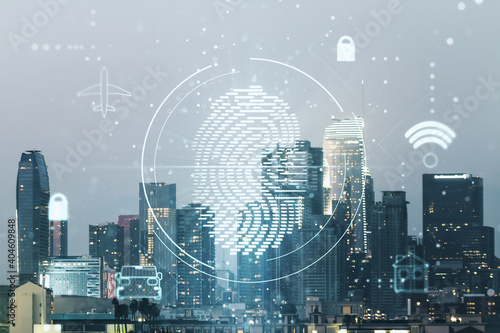 Double exposure of virtual creative fingerprint hologram on Los Angeles city skyscrapers background, research and development concept
