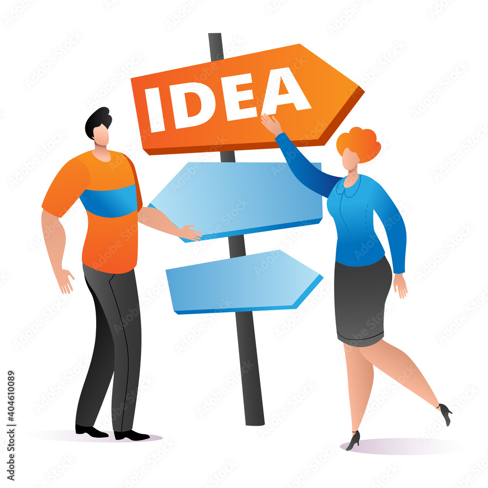 Obraz premium Woman and man character standing wooden pointer, creative brilliant idea, people together think cartoon vector illustration, isolated on white. Concept business company plan way, young professional.