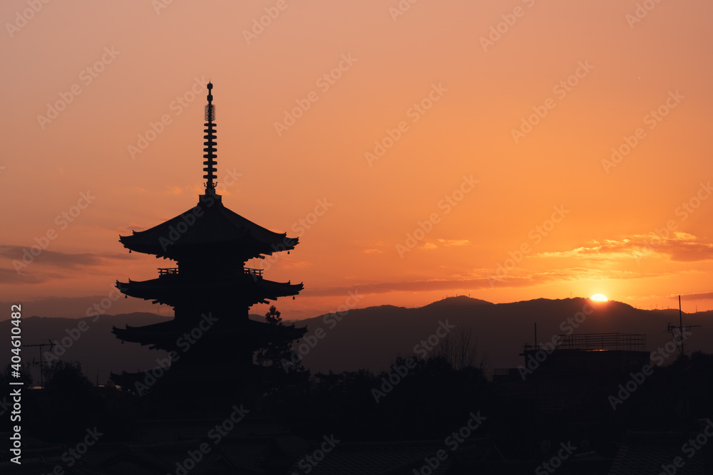 Japan Kyoto Yasaka pagoda silhouette at sunset with a clear sky and empty space Japan Kyoto Yasaka pagoda silhouette at sunset with a clear sky and empty space