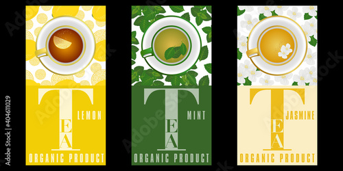 Prospectus ou étiquettes hauteur pour 3 sortes de thé aromatisé, citron menthe et jasmin.