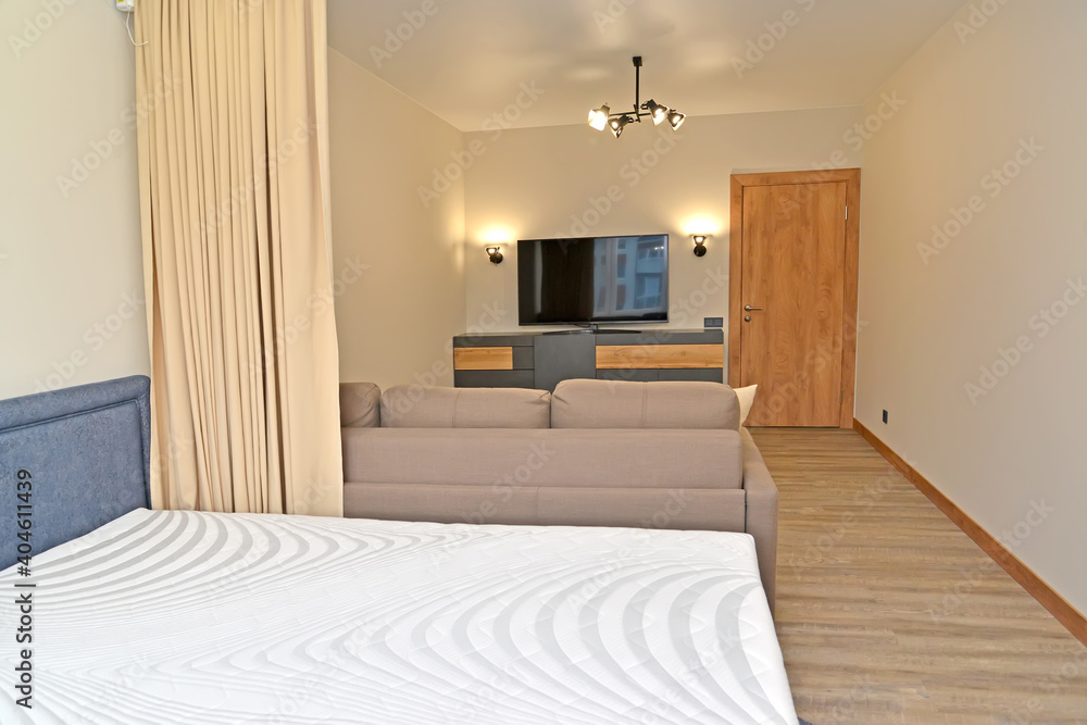 Obraz premium Zoned living room-bedroom in a single room. Modern minimalism
