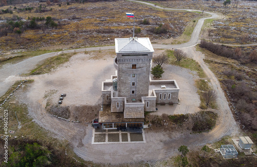 фотографія Areal view of monument on hill Cerje in winter, Miren - Kostanjevica, Slovenia