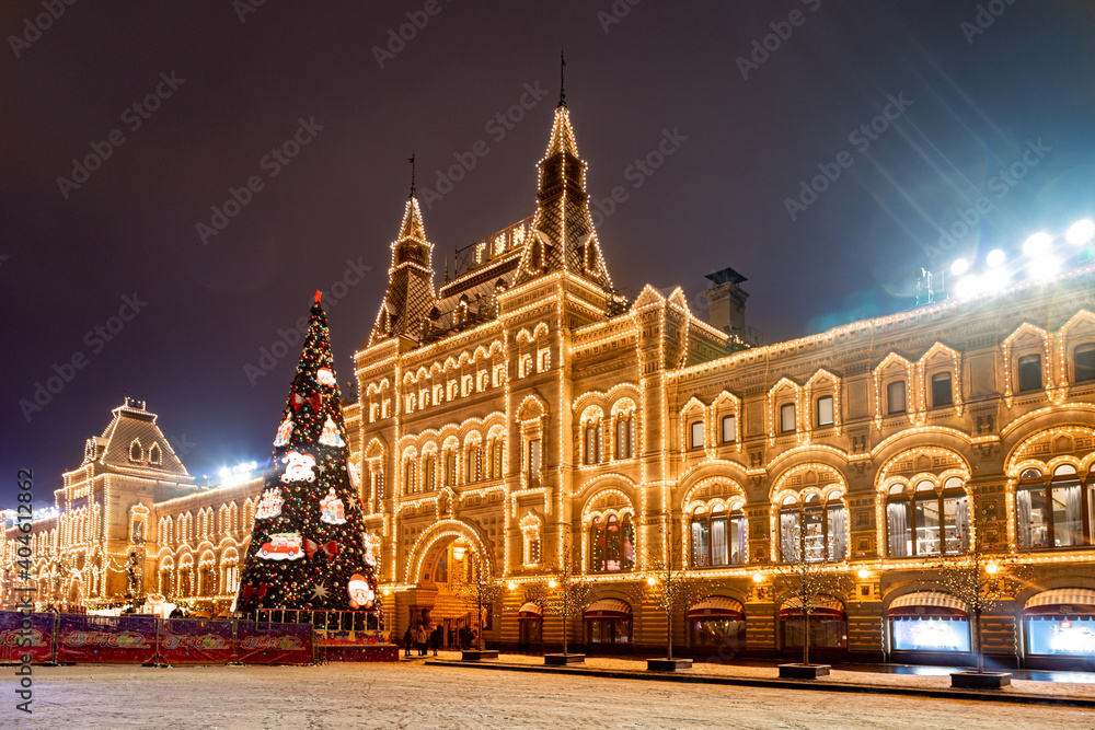 The Main Universal Mall (GUM) in front of the Red Square in Moscow in winter