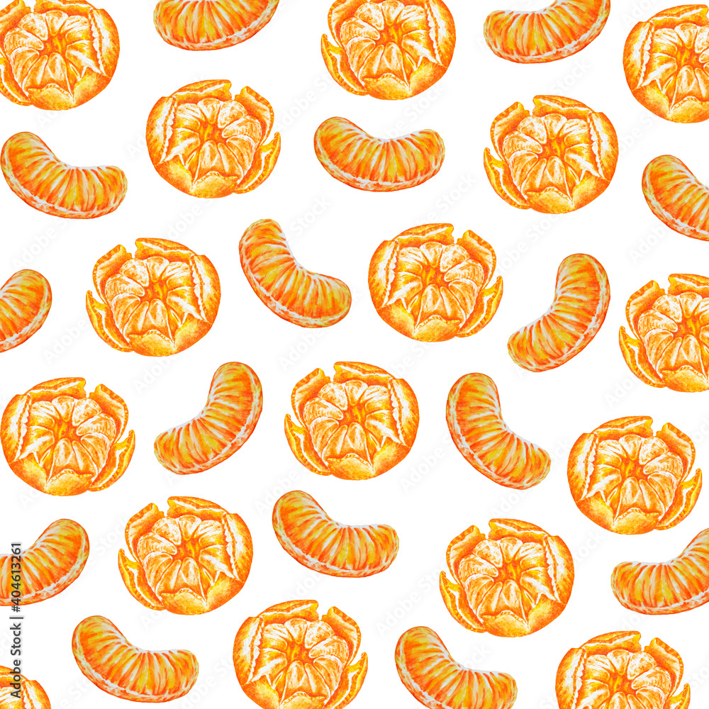 Pattern.Tangerine slices and peeled mandarin watercolor style template.Idea for design, textiles, covers, prints and more. Hand drawn. Pattern.Tangerine slices and peeled mandarin watercolor style template.Idea for design, textiles, covers, prints and more. Hand drawn.