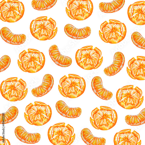 Pattern.Tangerine slices and peeled mandarin watercolor style template.Idea for design, textiles, covers, prints and more. Hand drawn.